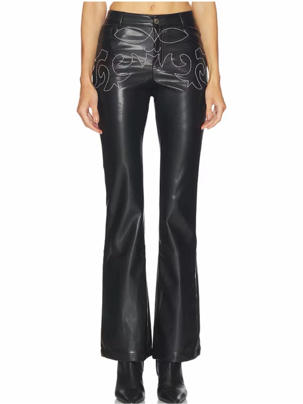 WeWoreWhat Black Faux Leather Boot-Cut Pants with Contrast Stitching